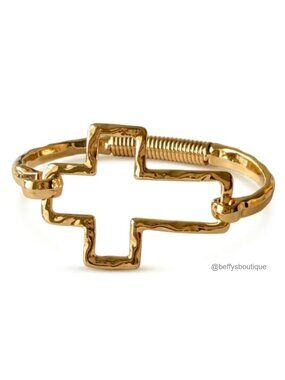 Chunky Gold Tone Cross Bangle Bracelet Hammered Cuff